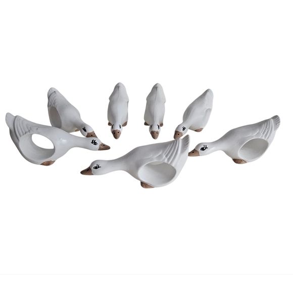 Vintage Other - White Hand Painted Ceramic Goose Napkin Rings x 7